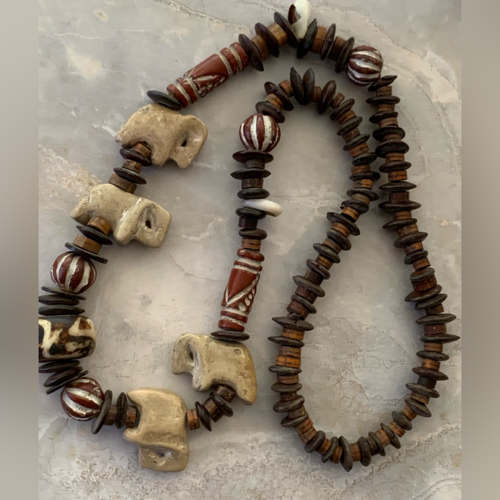 African Soapstone Elephant and Batik Bone Beaded Necklace